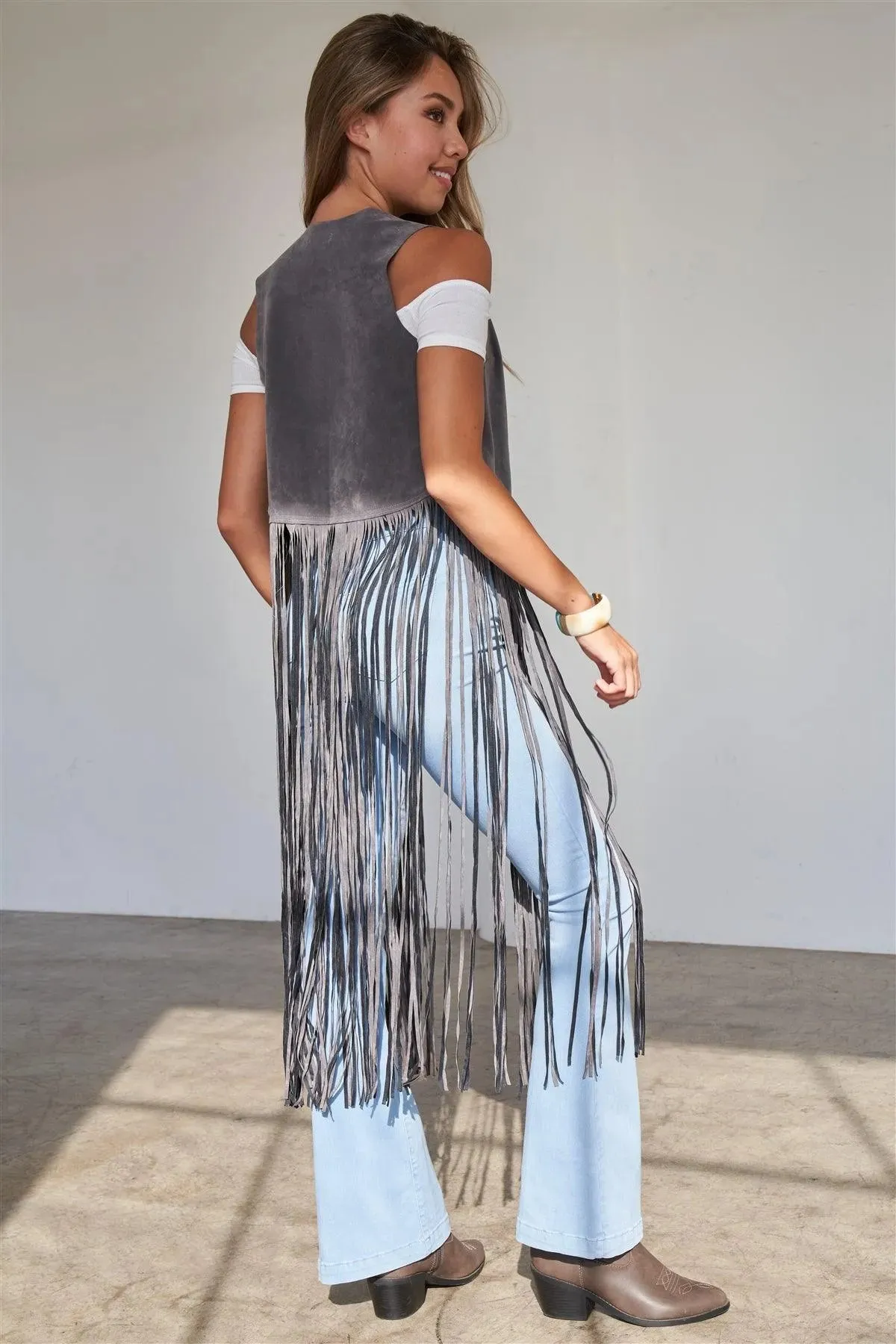 Grey Sleeveless Suede Cropped Boho Vest With Long Fringe Detail