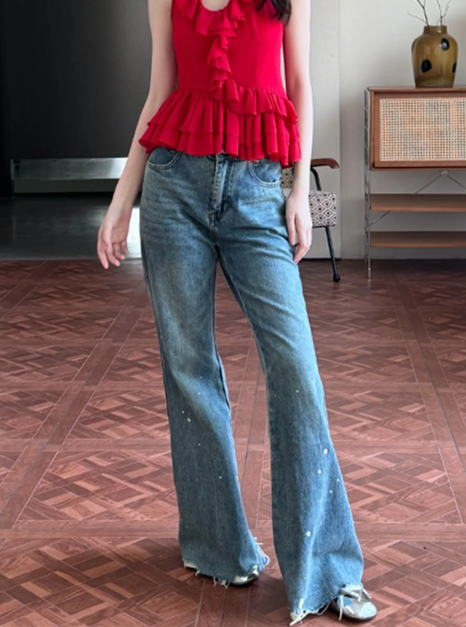 High-Waisted Denim Bell Bottoms Pants