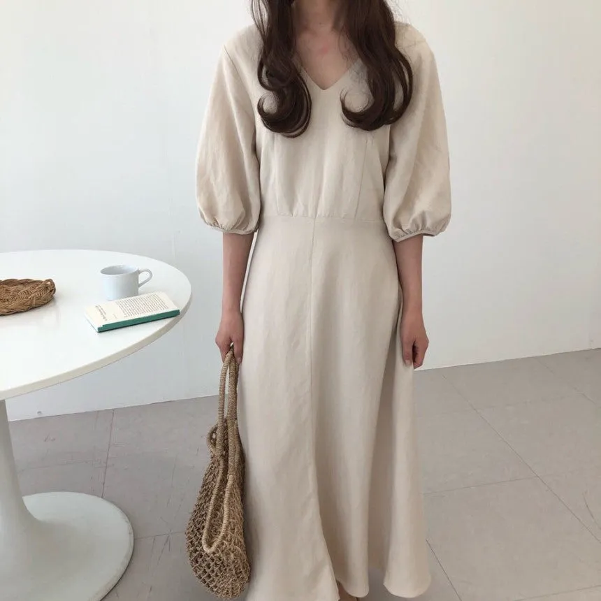 [Korean Style] Ashley Minimal Mazi Dress with Puff Sleeves