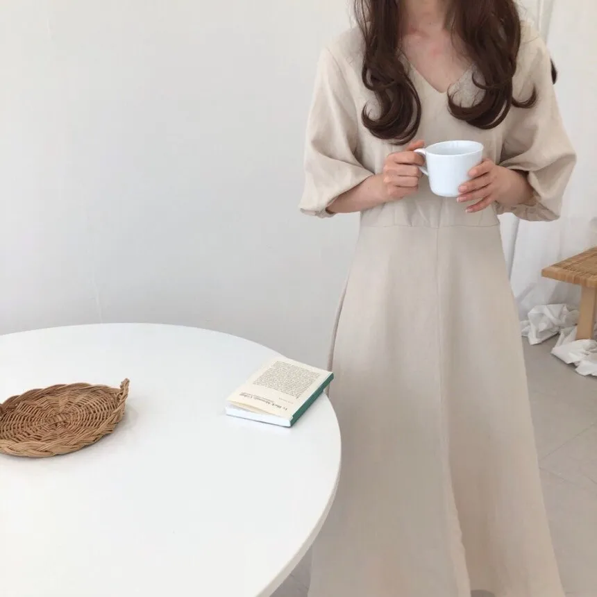 [Korean Style] Ashley Minimal Mazi Dress with Puff Sleeves