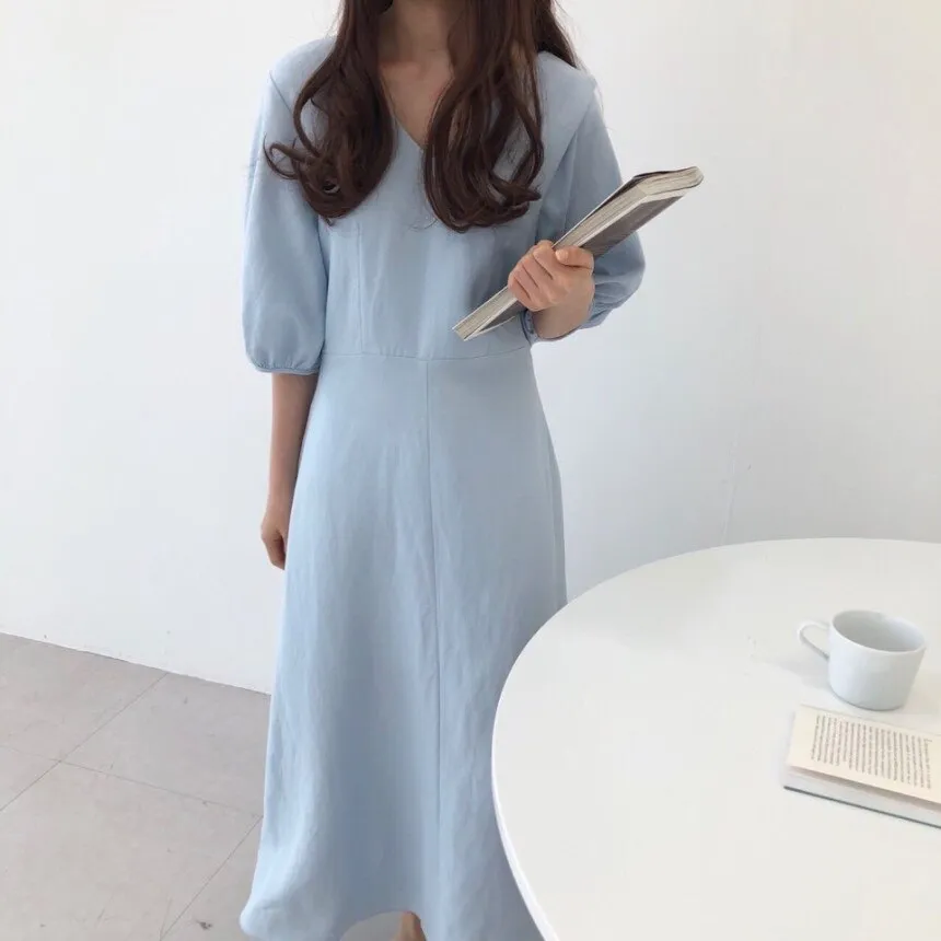 [Korean Style] Ashley Minimal Mazi Dress with Puff Sleeves