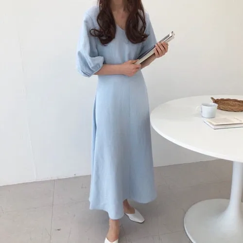 [Korean Style] Ashley Minimal Mazi Dress with Puff Sleeves