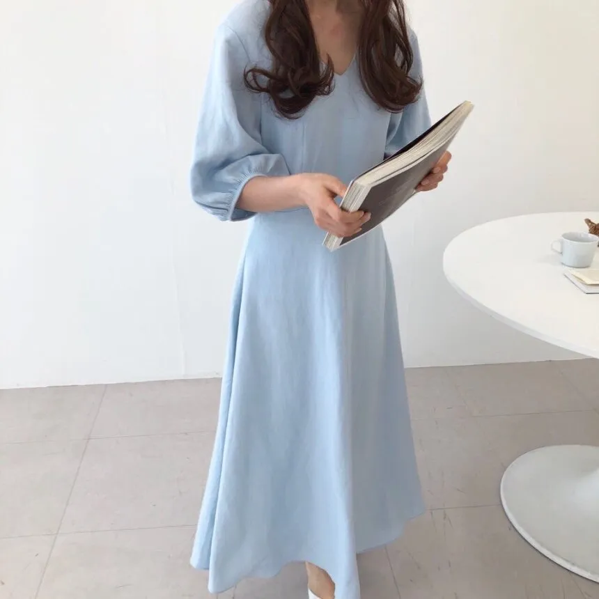 [Korean Style] Ashley Minimal Mazi Dress with Puff Sleeves
