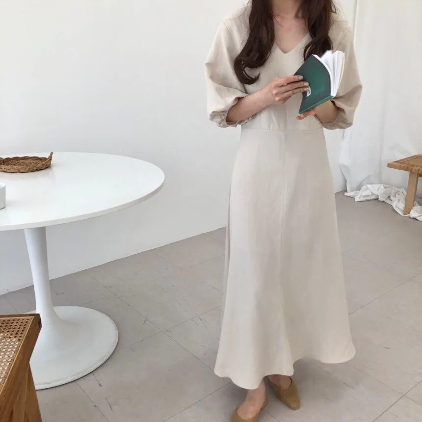 [Korean Style] Ashley Minimal Mazi Dress with Puff Sleeves