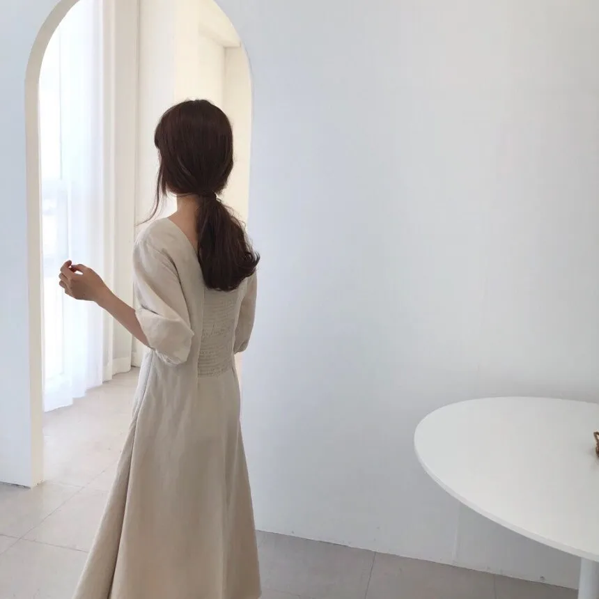 [Korean Style] Ashley Minimal Mazi Dress with Puff Sleeves