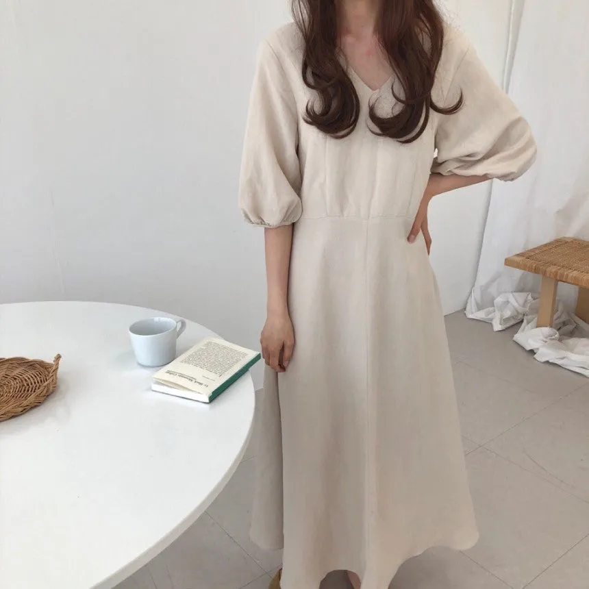 [Korean Style] Ashley Minimal Mazi Dress with Puff Sleeves