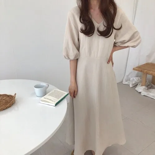 [Korean Style] Ashley Minimal Mazi Dress with Puff Sleeves