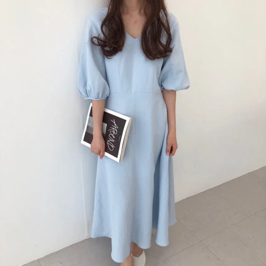 [Korean Style] Ashley Minimal Mazi Dress with Puff Sleeves