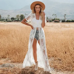 Lace Embroidery Lace Cardigan Beach Cover-up Bikini Swimwear Cover-up Sun Protection Cardigan Beachwear