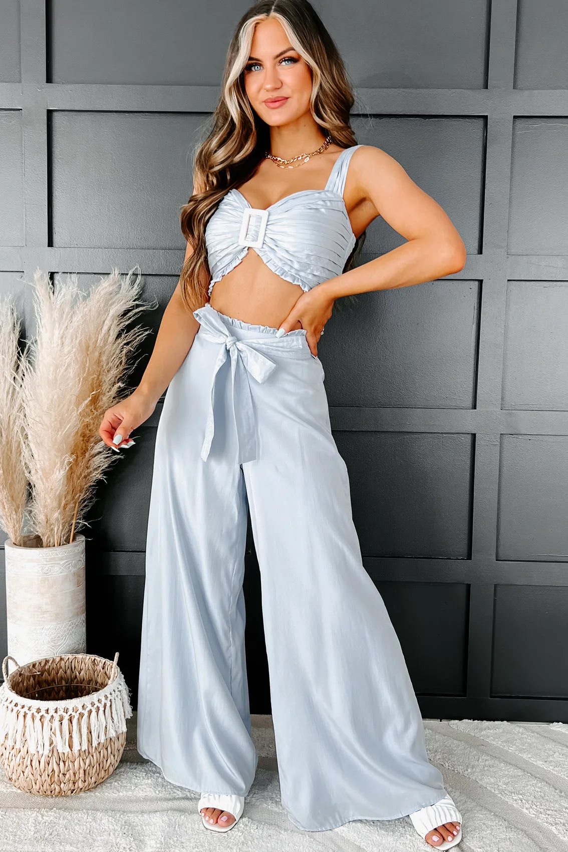 More To Tell Pleated Crop Top & Pants Set (Blue)