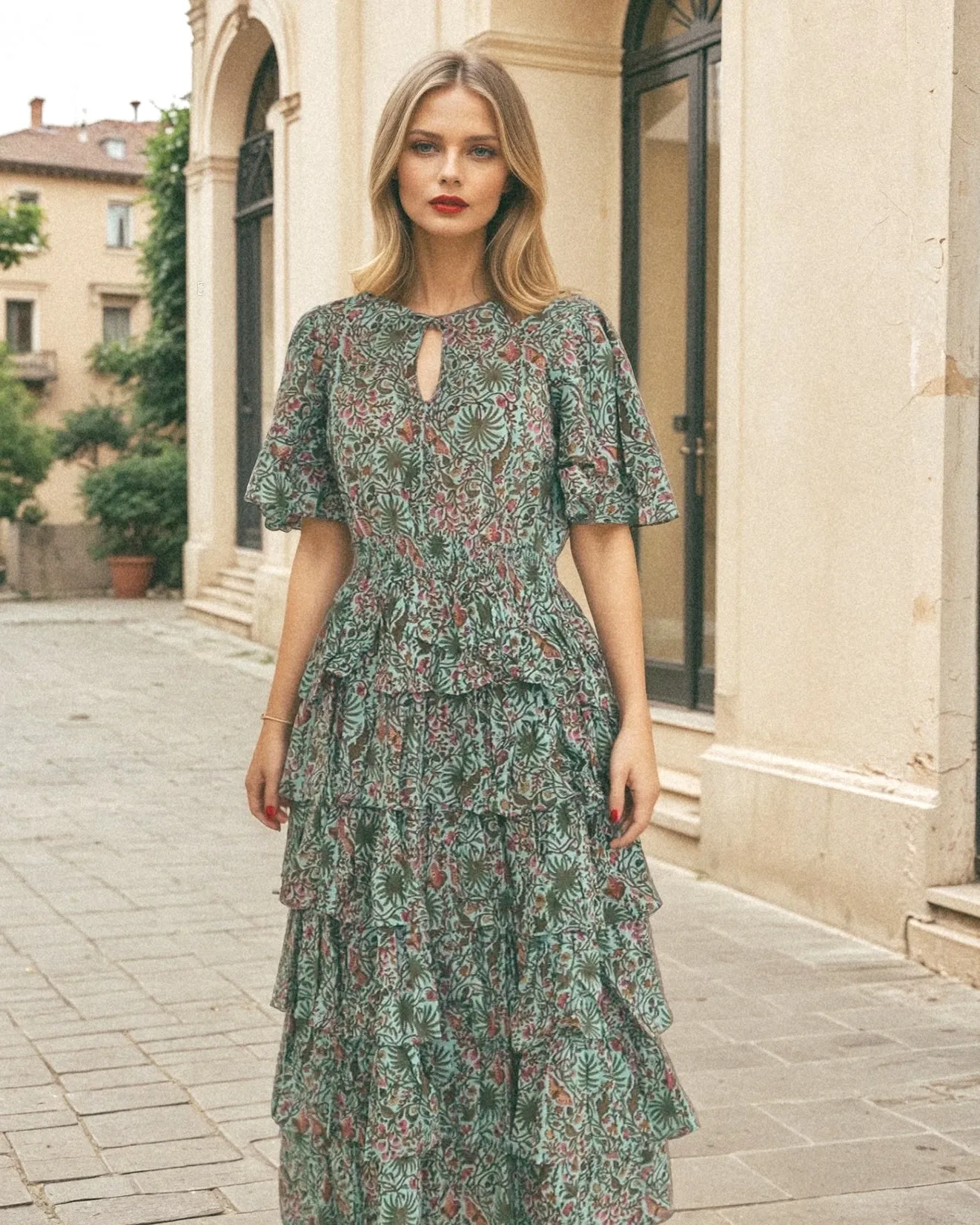 Palm Springs Clinched Waist Dress Green Print