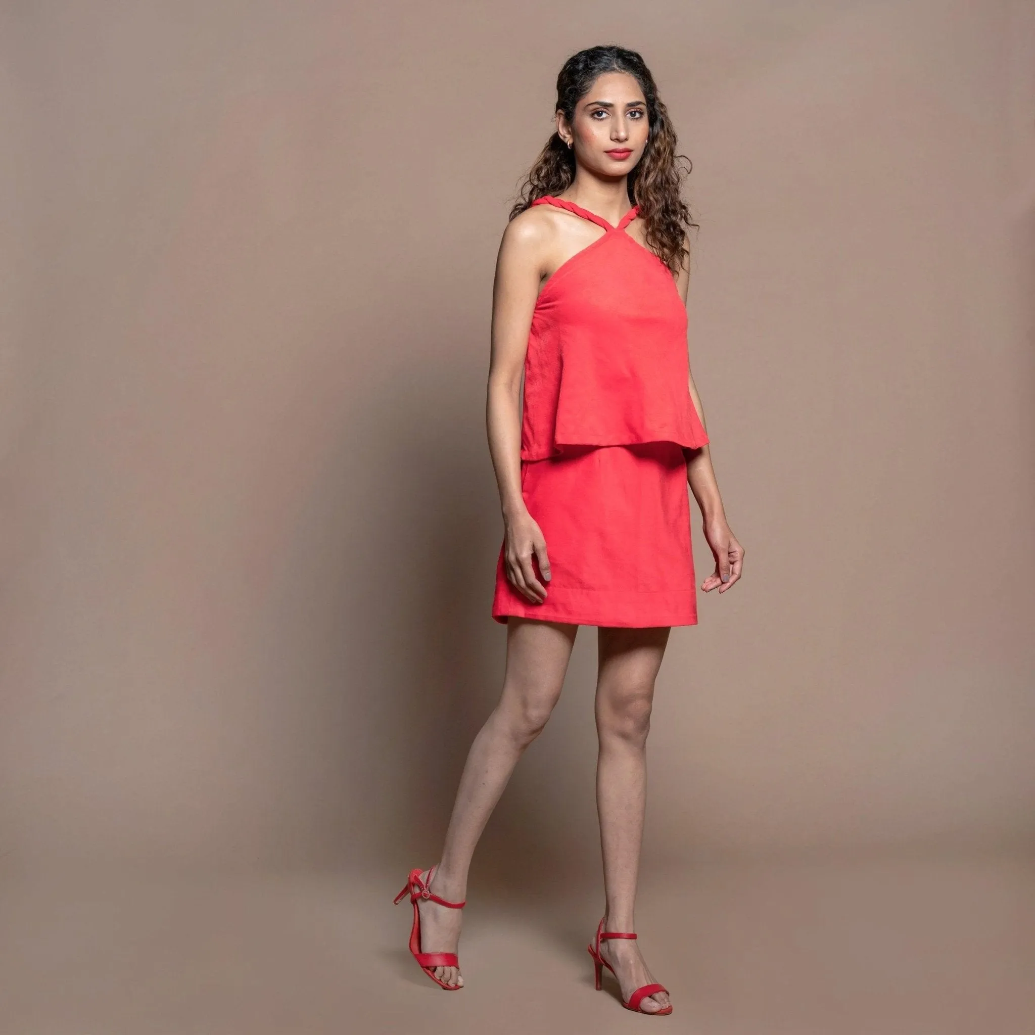 Red 100% Cotton Velvet Halter Neck Flared Top