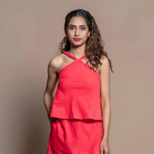 Red 100% Cotton Velvet Halter Neck Flared Top