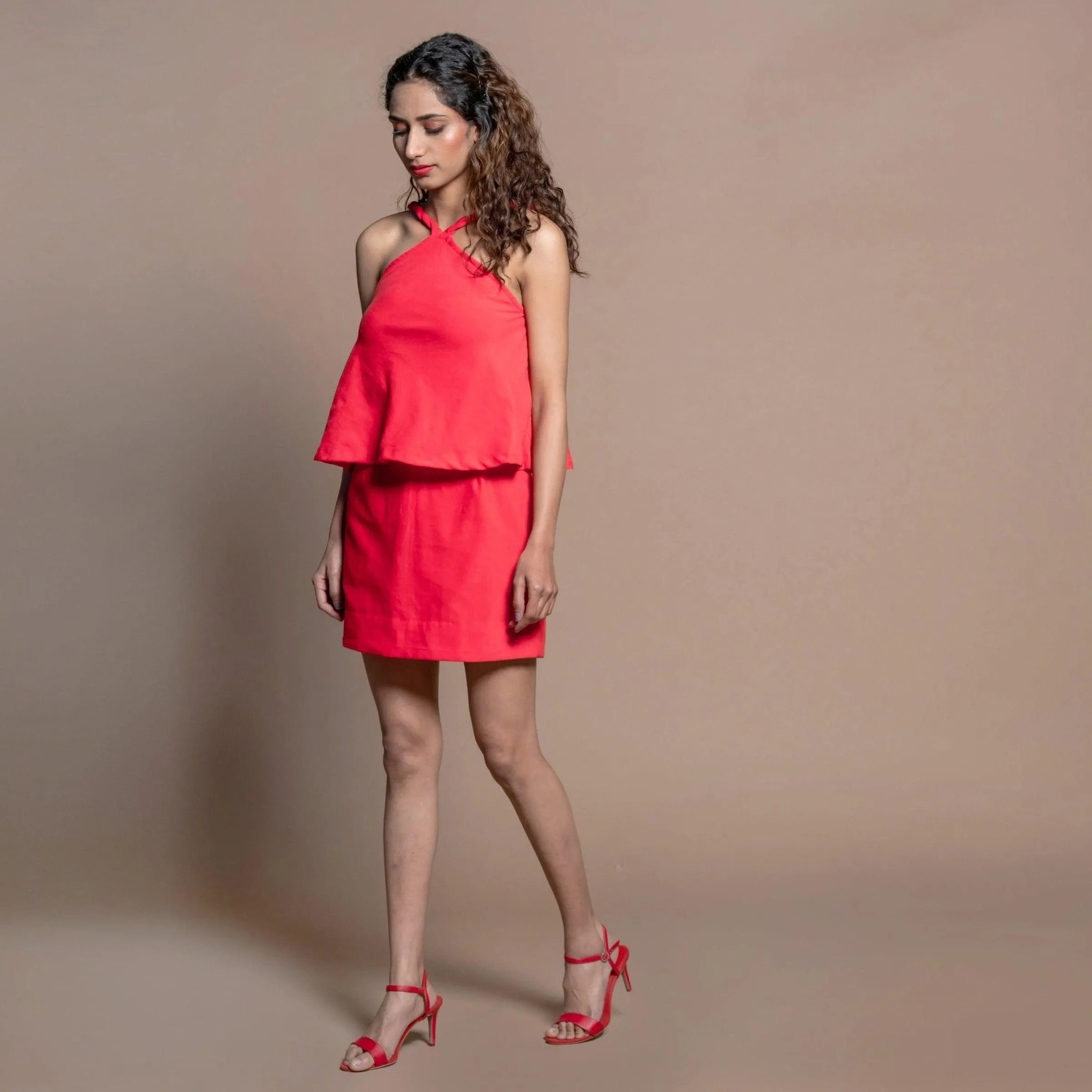 Red 100% Cotton Velvet Halter Neck Flared Top