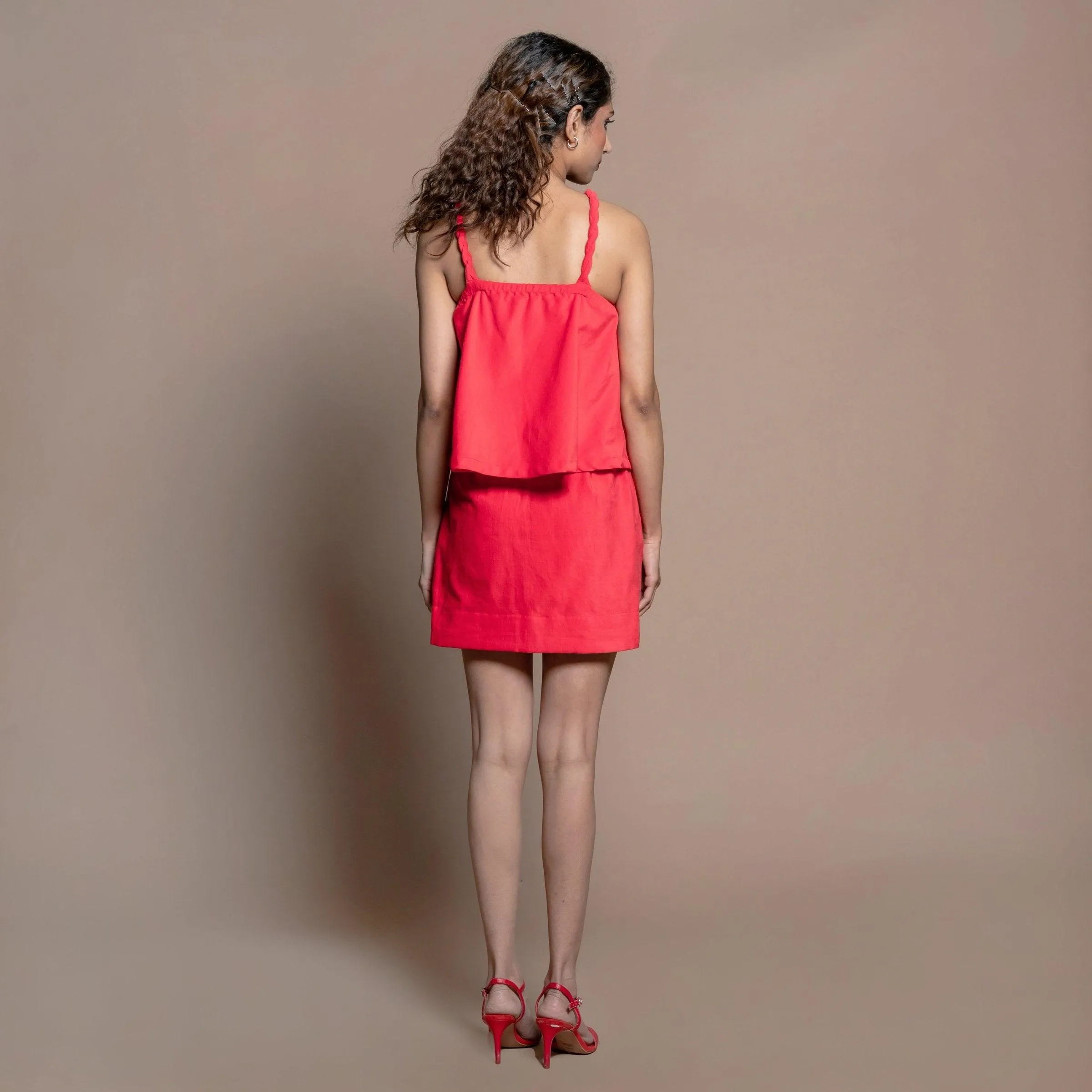 Red 100% Cotton Velvet Halter Neck Flared Top