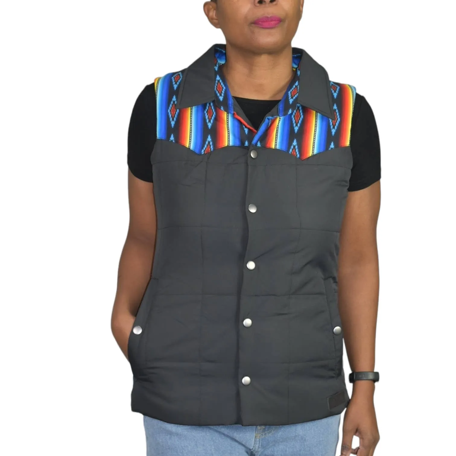 Rock Roll Cowgirl Puffer Vest Black Aztec Yoke Western Cowgirl Quilted Southwestern Size Small