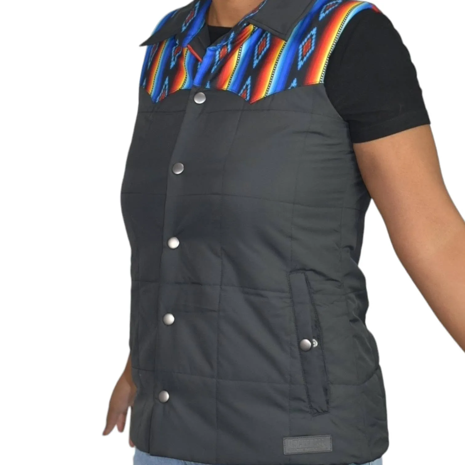 Rock Roll Cowgirl Puffer Vest Black Aztec Yoke Western Cowgirl Quilted Southwestern Size Small