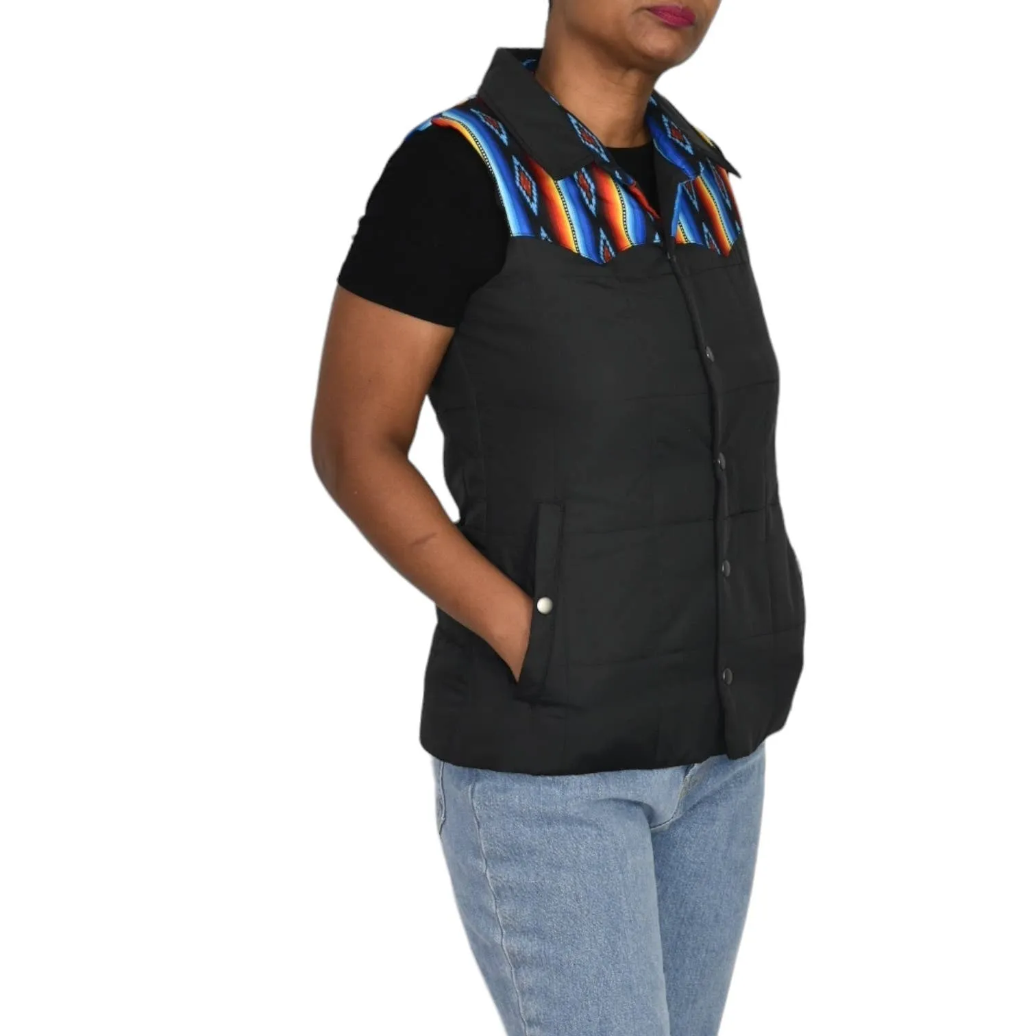 Rock Roll Cowgirl Puffer Vest Black Aztec Yoke Western Cowgirl Quilted Southwestern Size Small