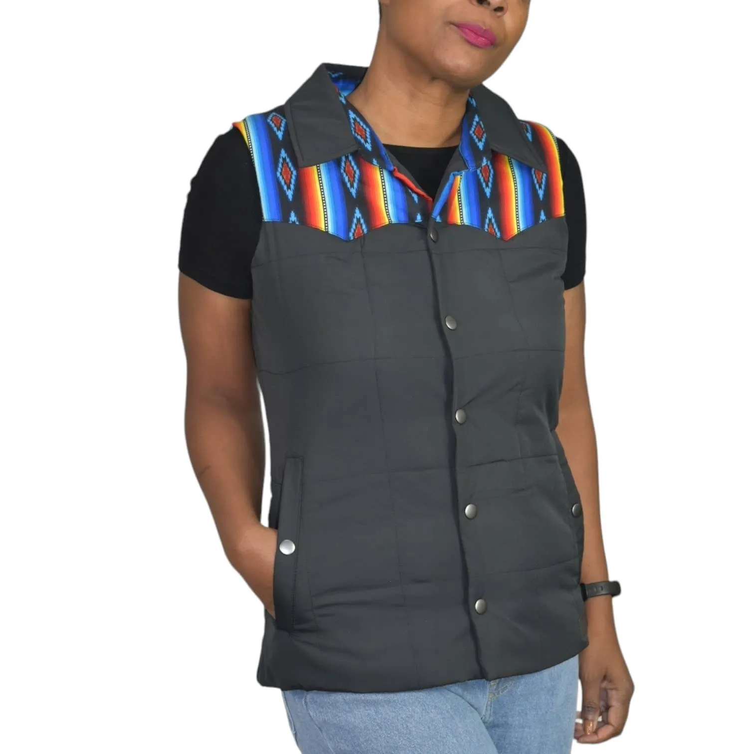Rock Roll Cowgirl Puffer Vest Black Aztec Yoke Western Cowgirl Quilted Southwestern Size Small
