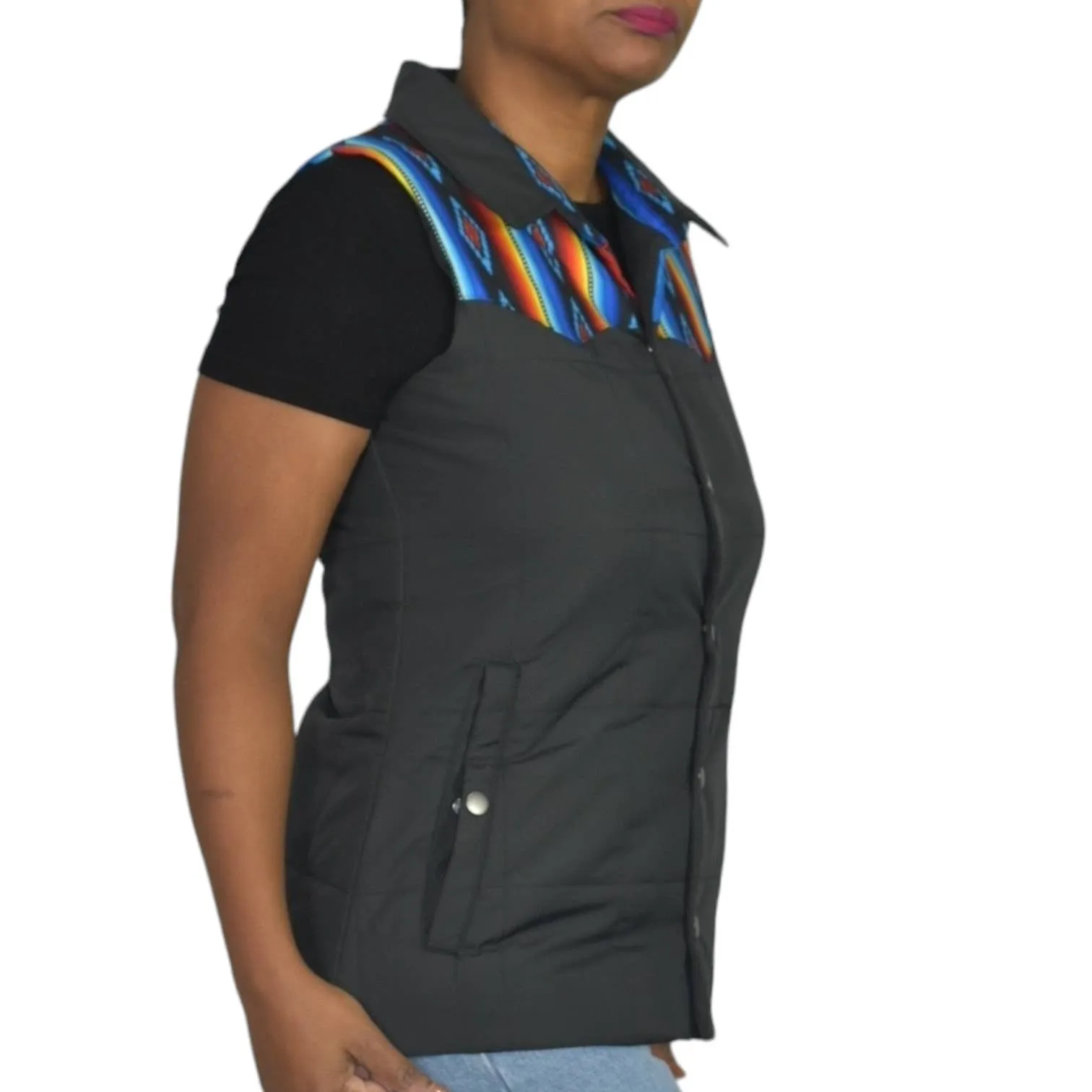 Rock Roll Cowgirl Puffer Vest Black Aztec Yoke Western Cowgirl Quilted Southwestern Size Small