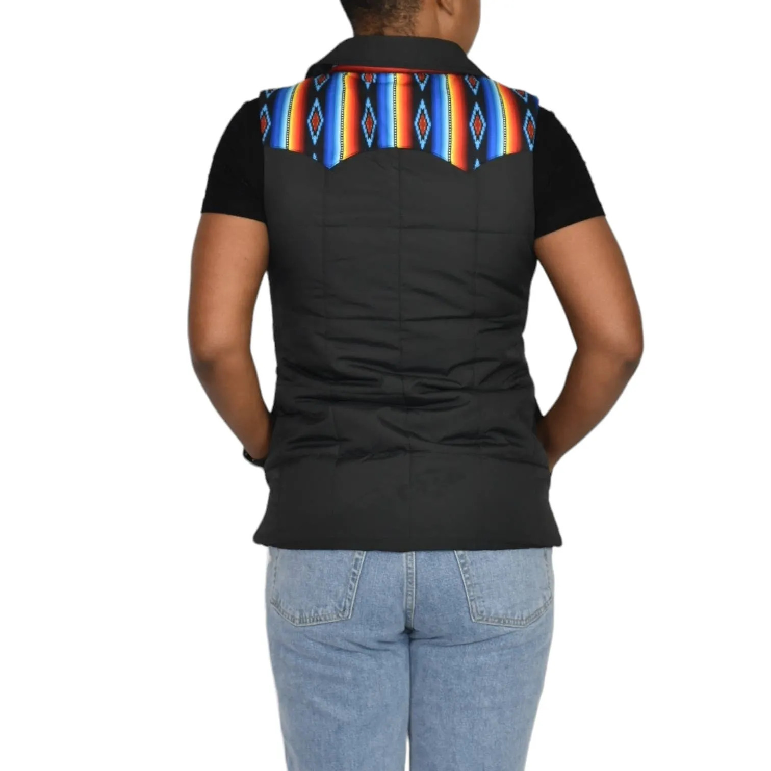 Rock Roll Cowgirl Puffer Vest Black Aztec Yoke Western Cowgirl Quilted Southwestern Size Small