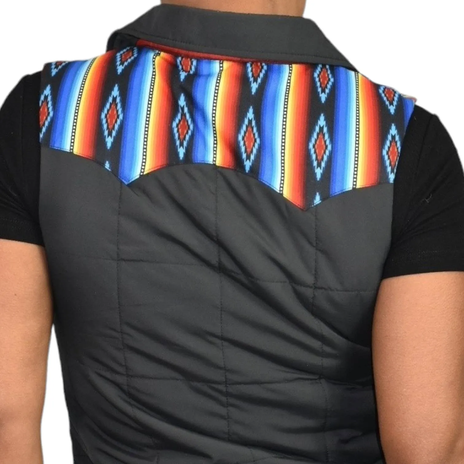 Rock Roll Cowgirl Puffer Vest Black Aztec Yoke Western Cowgirl Quilted Southwestern Size Small