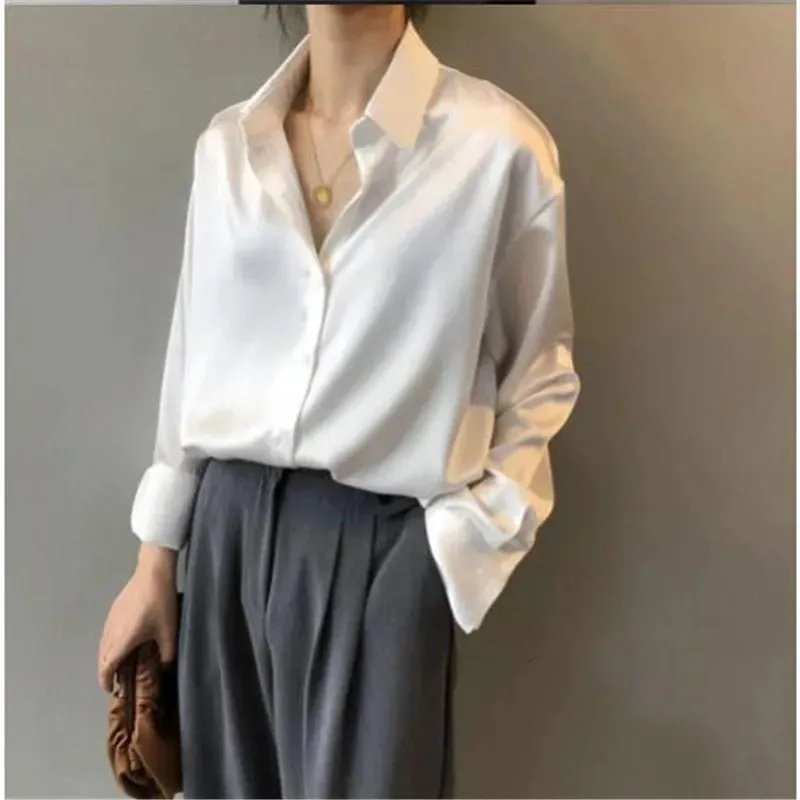 Satin button down long sleeve shirt in white
