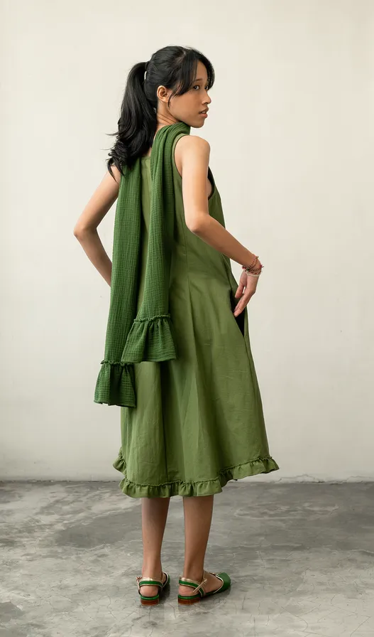 Semi Swing Ruffle Dress Cotton Linen Green, 3 Sizes - SALE CLOTHING & KIDS