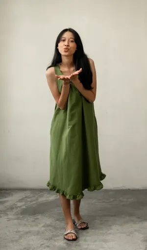 Semi Swing Ruffle Dress Cotton Linen Green, 3 Sizes - SALE CLOTHING & KIDS