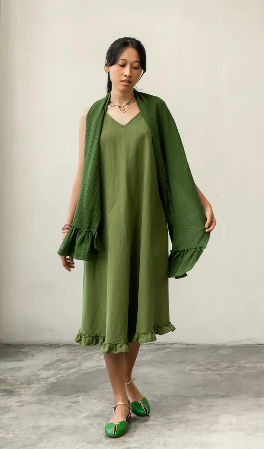 Semi Swing Ruffle Dress Cotton Linen Green, 3 Sizes - SALE CLOTHING & KIDS