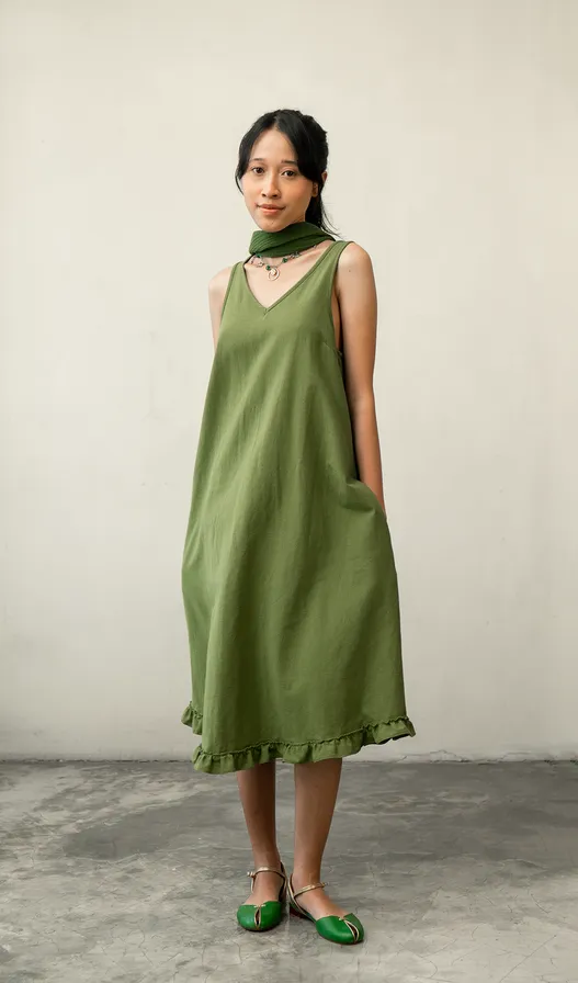 Semi Swing Ruffle Dress Cotton Linen Green, 3 Sizes - SALE CLOTHING & KIDS