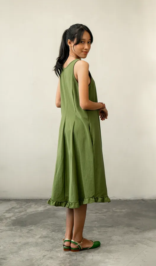 Semi Swing Ruffle Dress Cotton Linen Green, 3 Sizes - SALE CLOTHING & KIDS